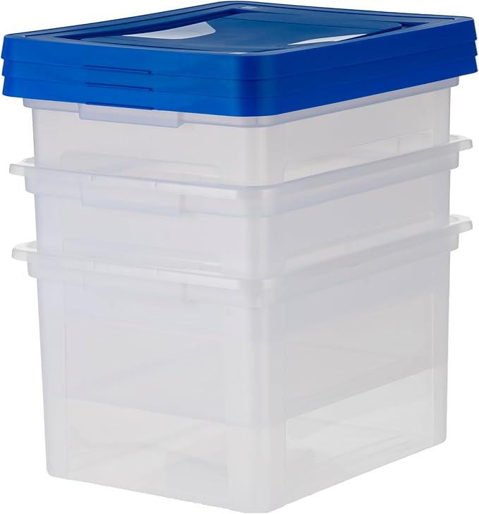 IRIS USA 3-Pack 35 Qt. Letter/Legal File Box with Lid, Clear/Blue | Organize lesson plans, classroom files and teaching materials with clear storage for teachers, schools and educators