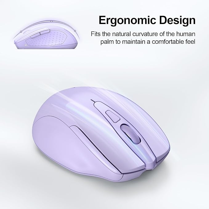TECKNET Wireless Mouse, BT 5.0/2.4G, Rechargeable 6-DPI Silent, Lavender | Bluetooth 5.0/3.0 & USB A, 2-Device Easy Switch, Wide OS Compatible, 6 Buttons, 6-DPI up to 4800, Ergonomic for S to M Hands