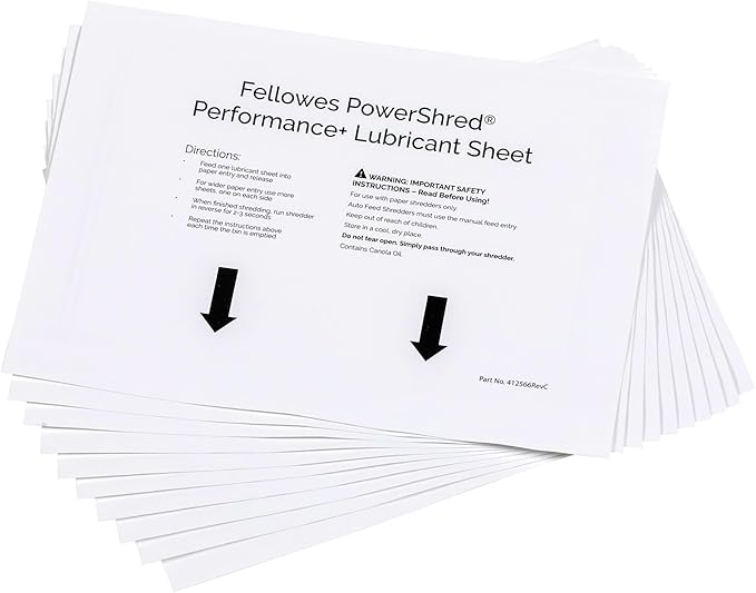 Fellowes Powershred Performance Paper Shredder Lubricant Sheets with Paper Shredder Oil Lubricant for Cross-Cut and Micro-Cut Paper Shredders, 6 x 8.50 x 0.031 Inch, 10-Pack
