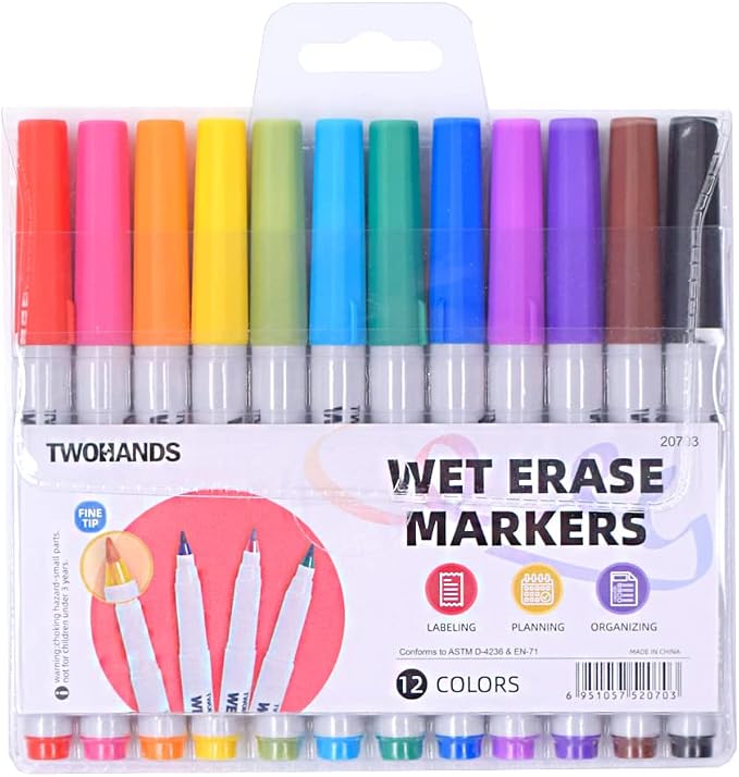 TWOHANDS Wet Erase Markers Ultra Fine Tip, Assorted Colors,0.7mm,12 Count | Low Odor, Extra Fine Point, For Office, Home, or Planning Dry Erase Board, 20703