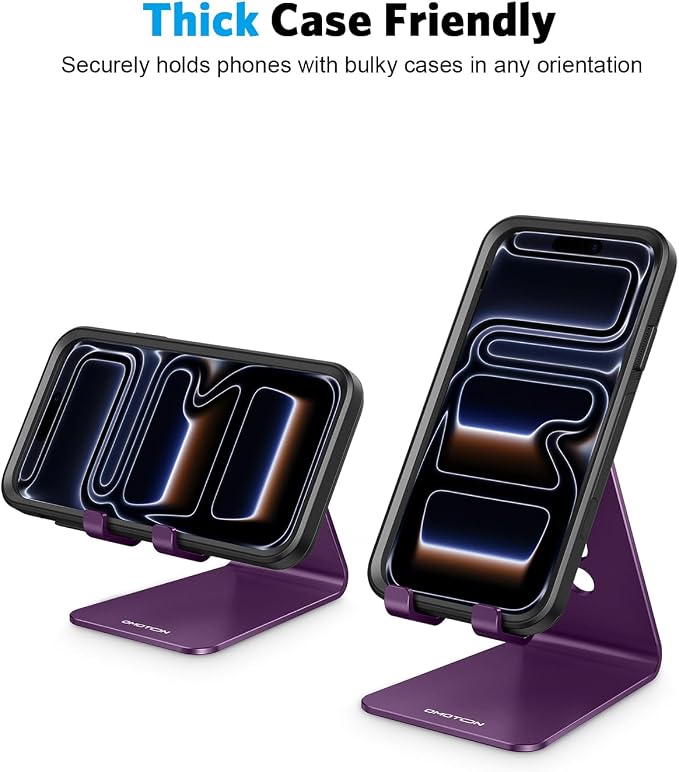 OMOTON C2 Adjustable Cell Phone Stand with Charging Cutout, Deep Purple | Sturdy 3mm Aluminum, Charging Port, 270° Adjustable, Non-Slip Silicone Pads, Works with Thick Cases, for All Smartphones