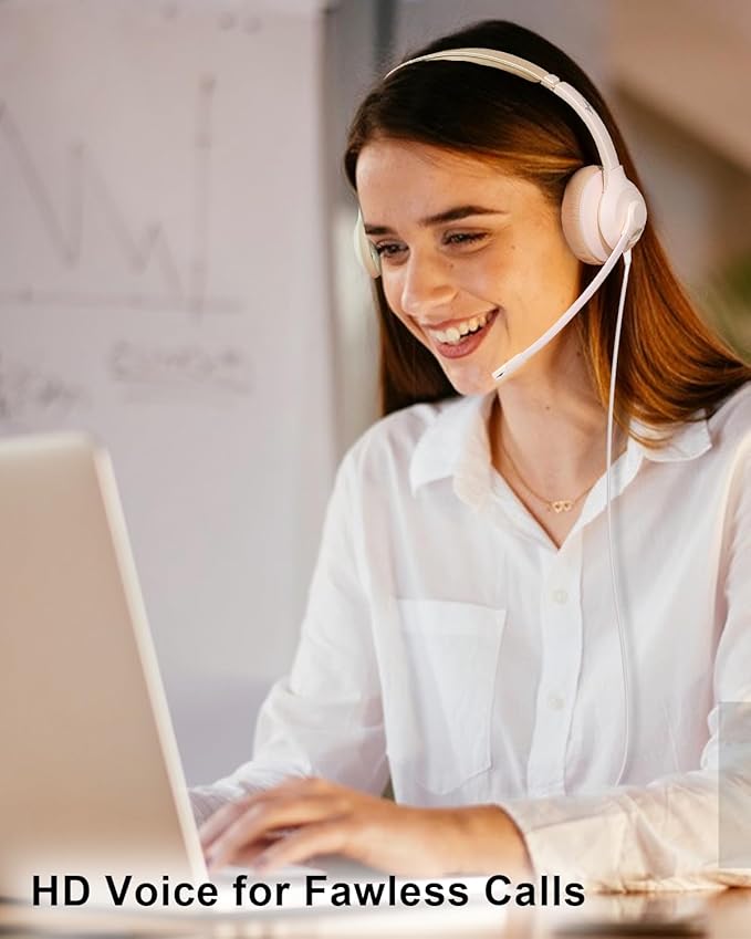 JIAMQISHI USB Headset with Microphone for PC, On-Ear Computer Laptop Headphones with Noise Cancelling Mic in-line Control for Home Office Online Class Zoom (USB+3.5mm, White)