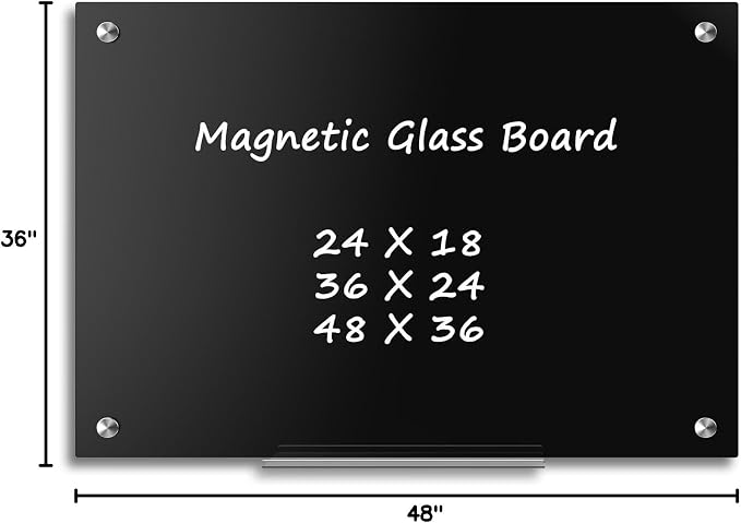 48” x 36” Large Black Dry Erase Board Tempered Magnetic Glassboard | (4’ x 3’) Wall Mounted Frameless Dry Erase Black Glass Board with Acrylic Pen tray, Magnets for Office, Home