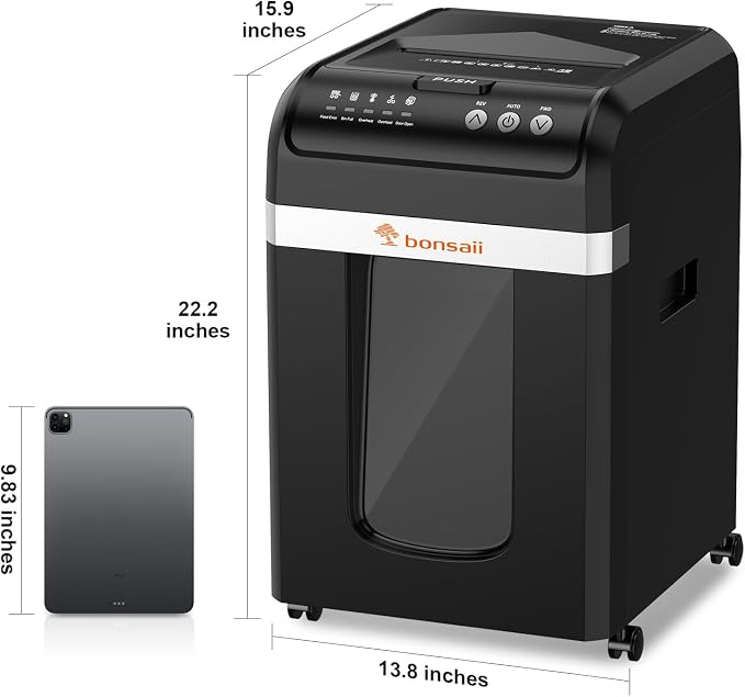Bonsaii 200-Sheet Auto Feed Micro Cut Heavy Duty Paper Shredder for Office | 60-Min Nonstop Run, P4 High Security, Anti-Jam, 58dB Ultra-quiet, 8.1-Gal Bin with Casters, Large Commercial Shredder C283-A