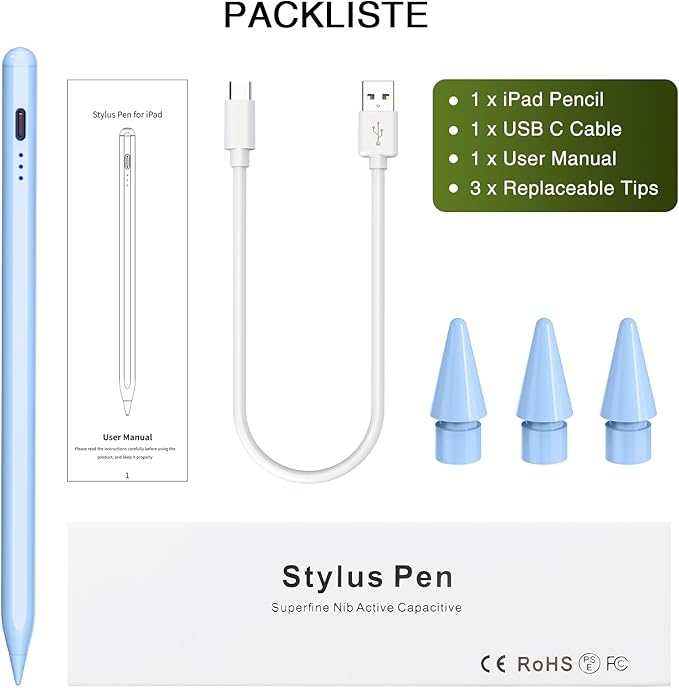 Stylus Pen for iPad 2018-2025, 15 Mins Fast Charging Pencil (1st Generation) with Tilt Sensitivity Magnetic Digital Pens for iPad 6-11, Air 3/4/5/M2/M3, Mini 5/6/7, Pro 11"/12.9"/M4/M5 (Blue)