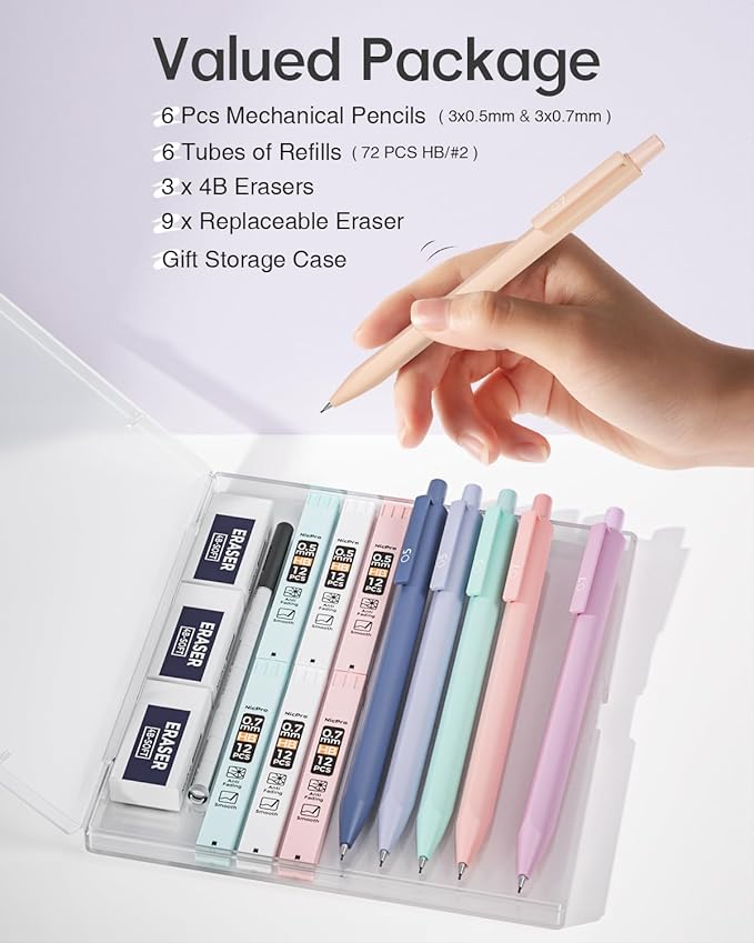 Nicpro Cute Mechanical Pencils Set, 6PCS Pastel 0.5 & 0.7mm Pencils with 6 Tubes HB Leads, Erasers & Refills, Aesthetic School Supplies for Girls, Preppy Stationery Gift for Writing Drawing Sketching