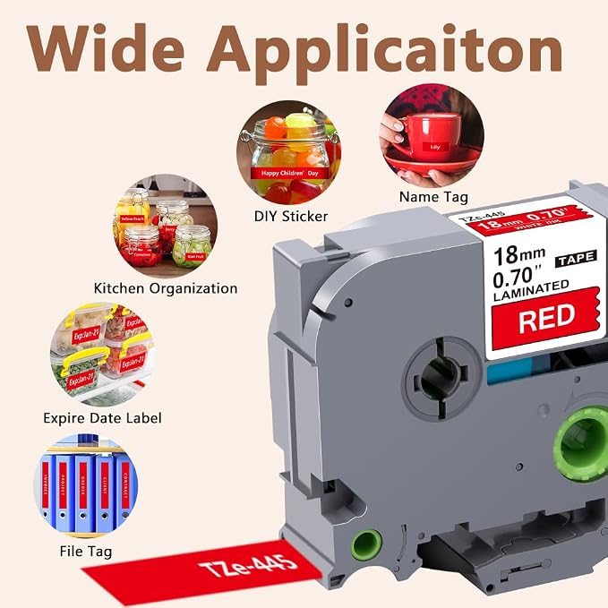 Hehua TZ445 3PK Compatible for Brother 12mm Label Maker Tape White on Red | 3/4 inch;3/4';0.7';0.7 inch;TZe 441;White on Red;18mm Label