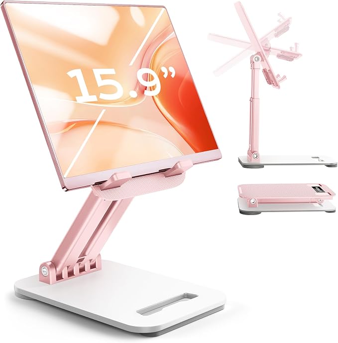 LISEN for iPad Stand Adjustable Tablet Holder Desk, iPad Accessories Pink | Foldable eBook Readers Desk Accessories Fits Kindle Stand 4-15.9"