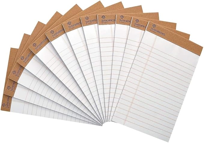 Sustainable Earth by STAPLES Notepads, 5” x 8”, Wide Ruled, White, 50 Sheets/Pad, 12‑Pack