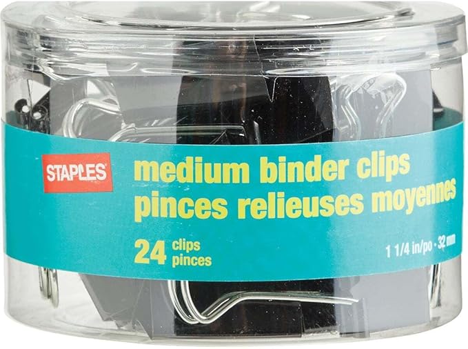Staples Medium Metal Binder Clips, Black, 1 1/4" Size with 5/8"Capacity