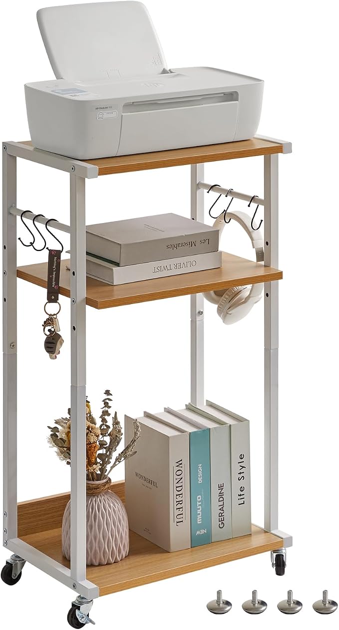 YMYNY 3-Tier Mobile Printer Stand 32.28 * 17.32 * 11.81" Natural HPT002N | Printer Cart with Adjustable Storage Shelf & 6 S-Hooks Tall Printer Table for Home Office,for Computer Tower Stand,Shredder