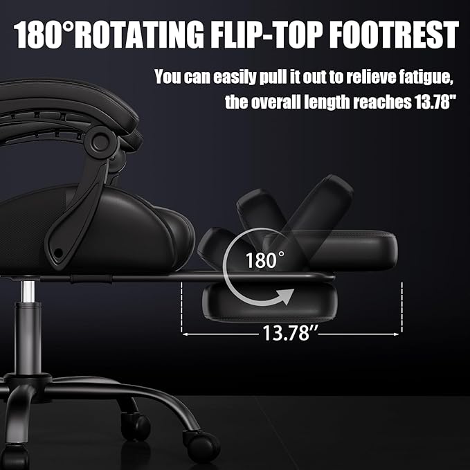 Gaming Chair, Ergonomic Office Computer Chair with Footrest and Lumbar Support Massager Racing Style High Back Video Gamer Chair, Wide&Thick Cushion, 90°-135° Recline, Adjustable Height, Black