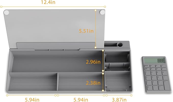 TOWON Glass Desk Whiteboard with Calculator 18x6 in, Desk Organizer, Gray | Desktop whiteboard with 12-digit LCD calculator. Storage for office, home, school. Glass dry erase with accessories.