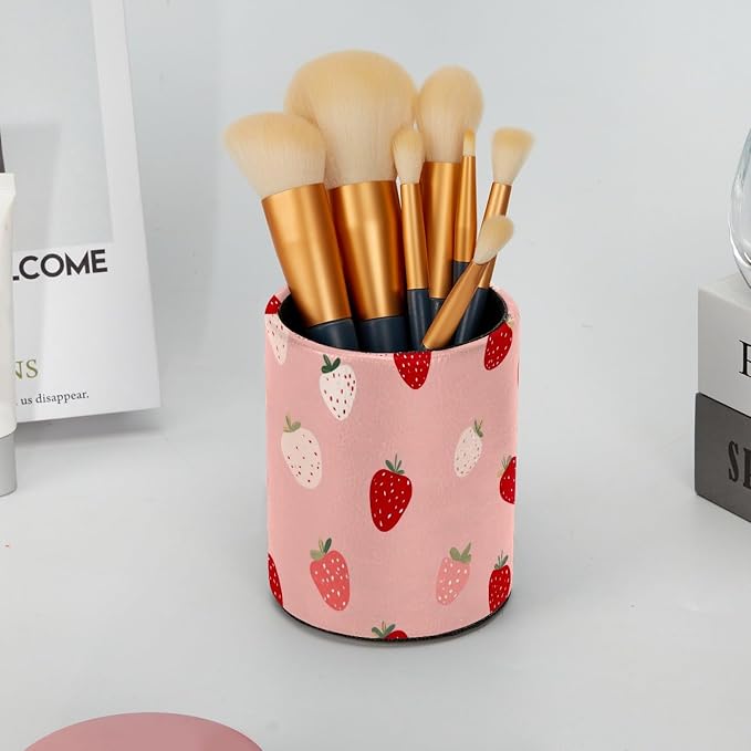Leather Pen Holder for Desk, Cute Strawberries Print Pencil Cup Pen Organizer Makeup Brush Holder for Office Home Kids Countertop Desk Accessory Storage