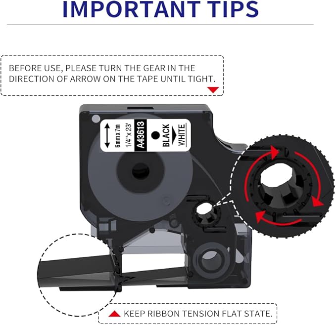 6-Pack Compatible Dymo 1/4 Inch 43613 D1 Label Tape Black on White 6mm | Label Maker Refills S0720780 for DYMO LabelManager 160 280 360D 420P 450, 1/4 in x 23 Ft
