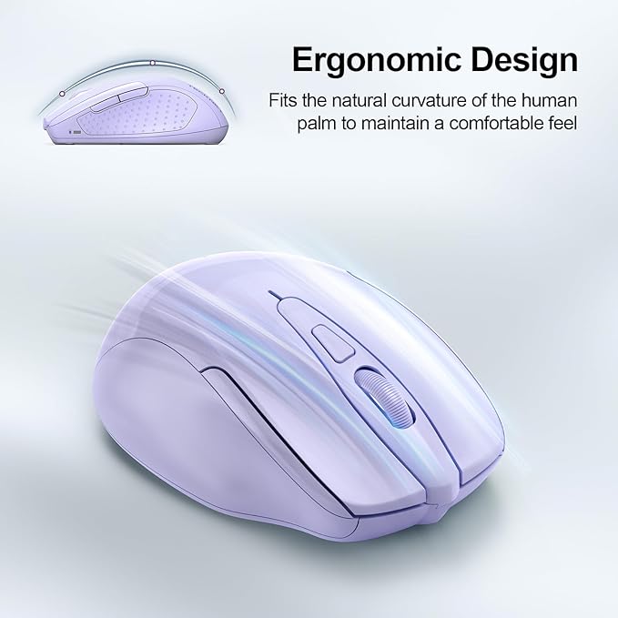 TECKNET Wireless Mouse, BT 5.0/2.4G, Silent 4800 DPI 6 Buttons, Lavender | Bluetooth 5.0/3.0 & USB A, 2-Device Easy Switch, Wide OS Compatible, 6-DPI, Ergonomic for S/M Hands, Extended Battery
