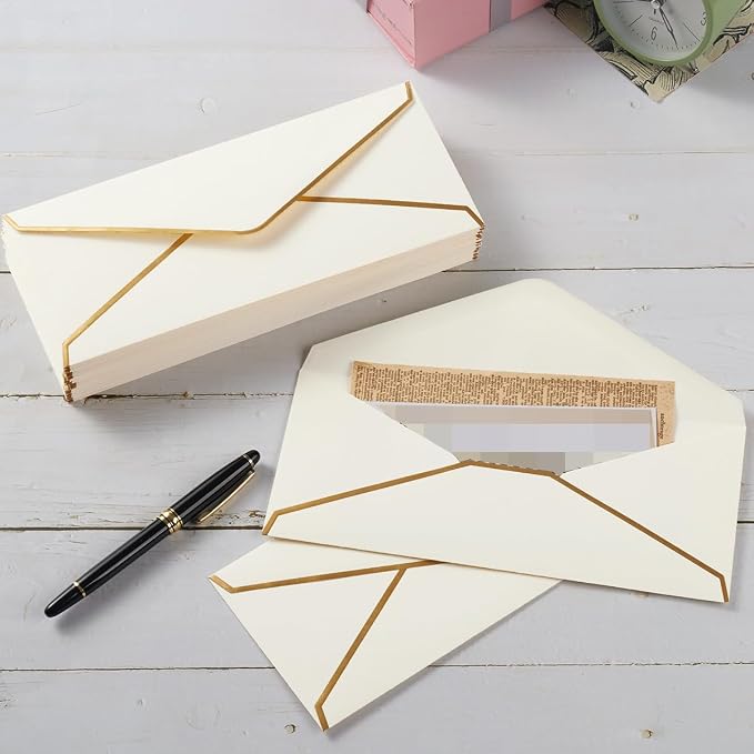 50 Pack #10 Business Envelopes, Cream Color, 4 1/8 x 9 1/2 Inches | Gold Border, Self Seal Standard Envelopes with Gold Stickers for Office, Checks, Letter Mailing, Invoices