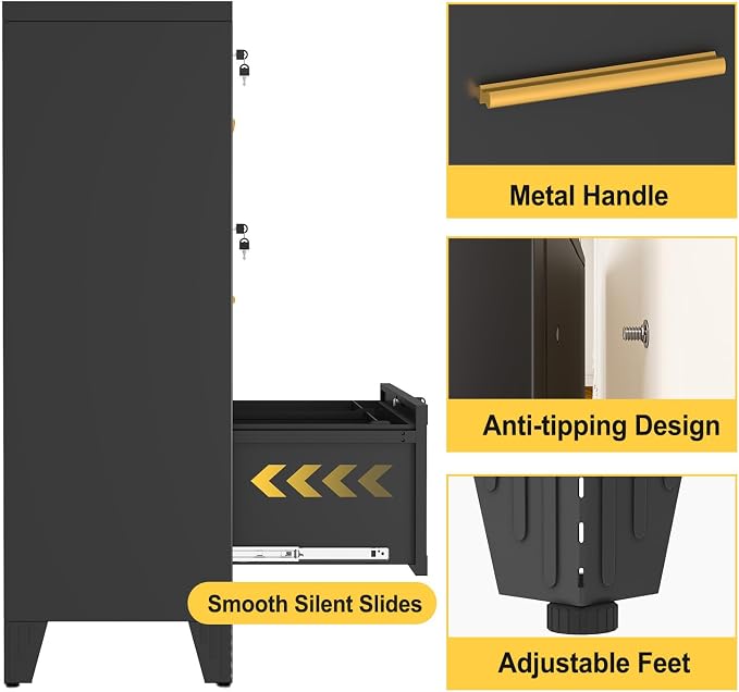 3 Drawer File Cabinet with Lock, Wide Metal Cabinet for Home Office | Wide lateral file cabinet for Letter, Legal, A4 and F4 hanging folders; individual locks, adjustable feet, anti-tip design