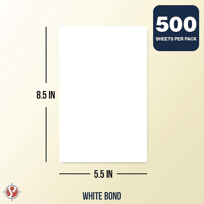Half Letter Size - 8.5 x 5.5 Inches Copy Paper, White Memo Sheets, 20lb Paper, 500 Sheets Per Pack (8.5 x 5.5)