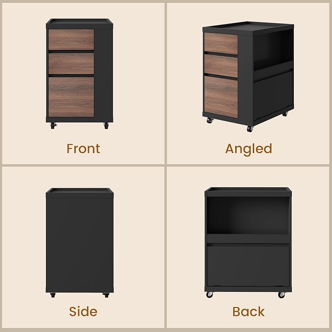 Mobile File Cabinet Under Desk with 3 Drawer, Office Storage Cabinet | Rolling Wood Printer Stand w/ Unique Side Shelf for Binders, Large Capacity Organizer for Home Office