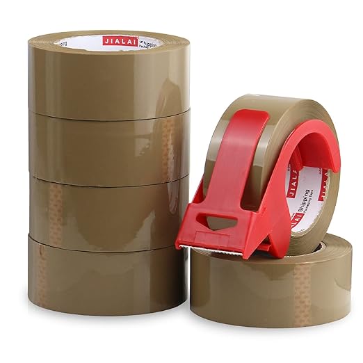 Brown Packing Tape with Dispenser, 2.4 mil, 1.88 inch x 110 Yards 6 Rolls, Ultra Strong, Refill Industrial Shipping Box Packaging Tape for Moving, Office, & Storage