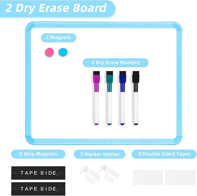 VUSIGN Magnetic Dry Erase Board, 14 x 11 Inches White Board, Blue | Includes 4 Dry Erase Markers, Small Mini White Board for Students Fridge Wall Locker