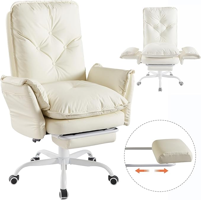 Bestier Cross Legged Office Chair with Footrest, High Back Criss Cross Chair with Reversible Armrests and Wheels, Big and Tall Reclining Office Chair for Home PU Leather Beige