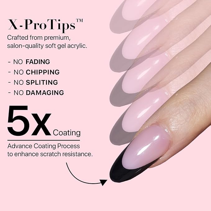 SXC Cosmetics French Tip Press On Nails 150 Pieces in 15 Sizes Ultra Fit with Pre-applied Tip Primer and Base Coat, No Need to File Fake Nails for Nail Art DIY X-Pro Tips (BLACK115-M Almond)