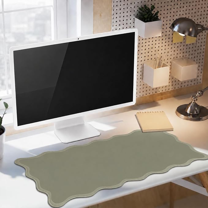 Hahafelt Scalloped Desk Mat Waterproof,Sage Green,31.5 X 15.8 Inches | Coquette Preppy Style for School Office Makeup Vanity, Nonslip Gaming Desktop Protector with Scalloped Stitched Edge Mat