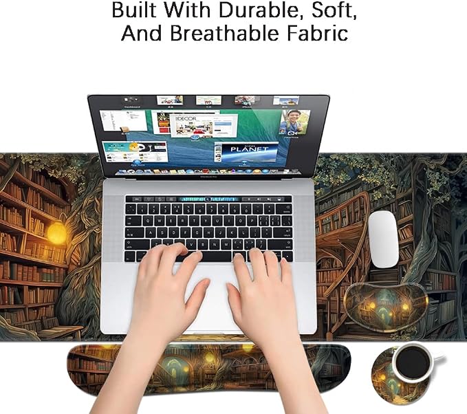 Desk Mat, Large Gaming Mouse Pad with Wrist Rest, 4 in1 XXL Mouse pad+Keyboard Wrist Rest+Mouse Pad Wrist Support+Cup Coaster Set, Ergonomic Desk Pad for Home Office, Trees Library
