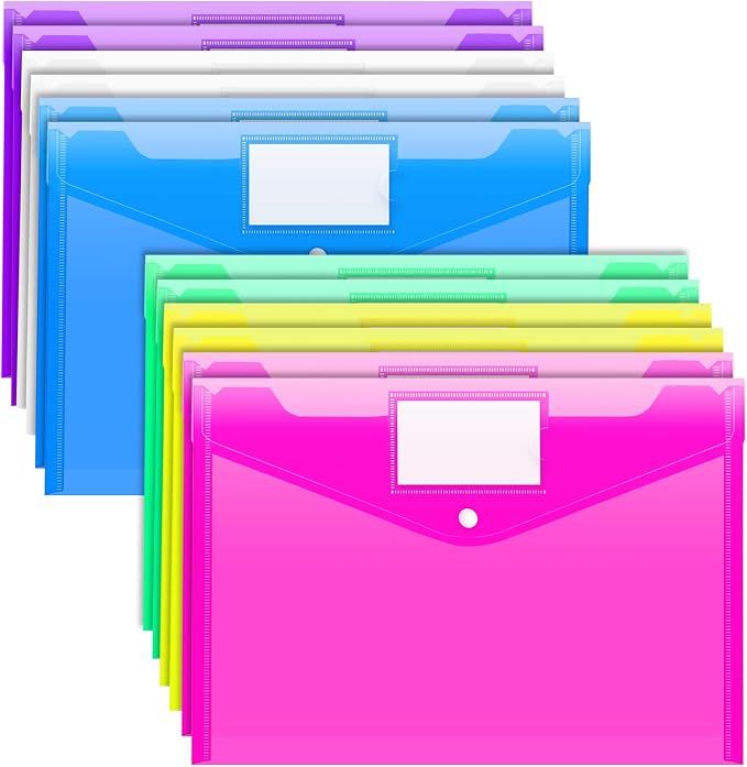 Sooez 12 Pack Folders Plastic Envelopes with Snap Closure, Clear Plastic File Folder for Document, Letter A4 Size Poly File Envelopes with Label Pocket for Home Work Office Organizer, 6 Colors