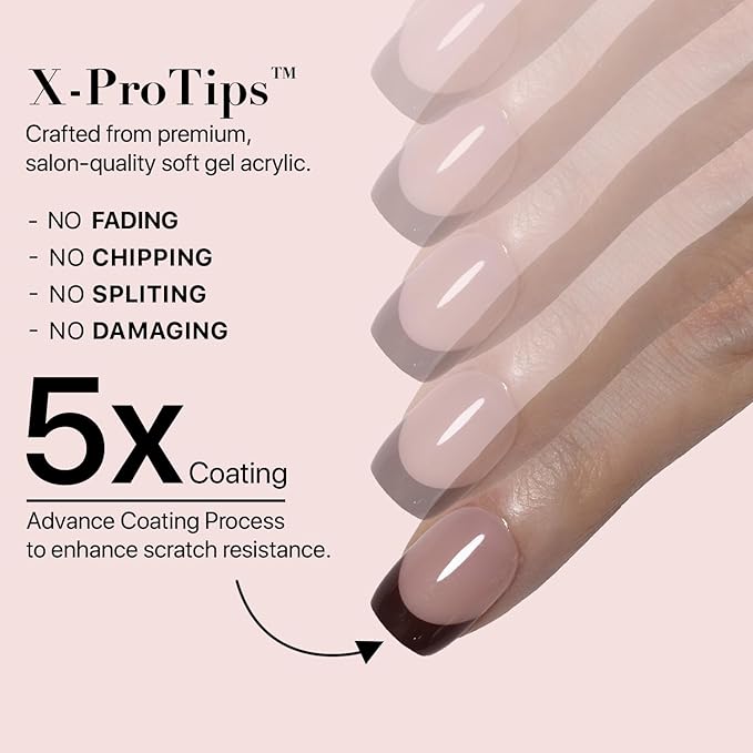 SXC Cosmetics French Tip Press On Nails 150 Pieces in 15 Sizes Ultra Fit with Pre-applied Tip Primer and Base Coat, No Need to File Fake Nails for Nail Art DIY X-Pro Tips (5RED113-XS Square)