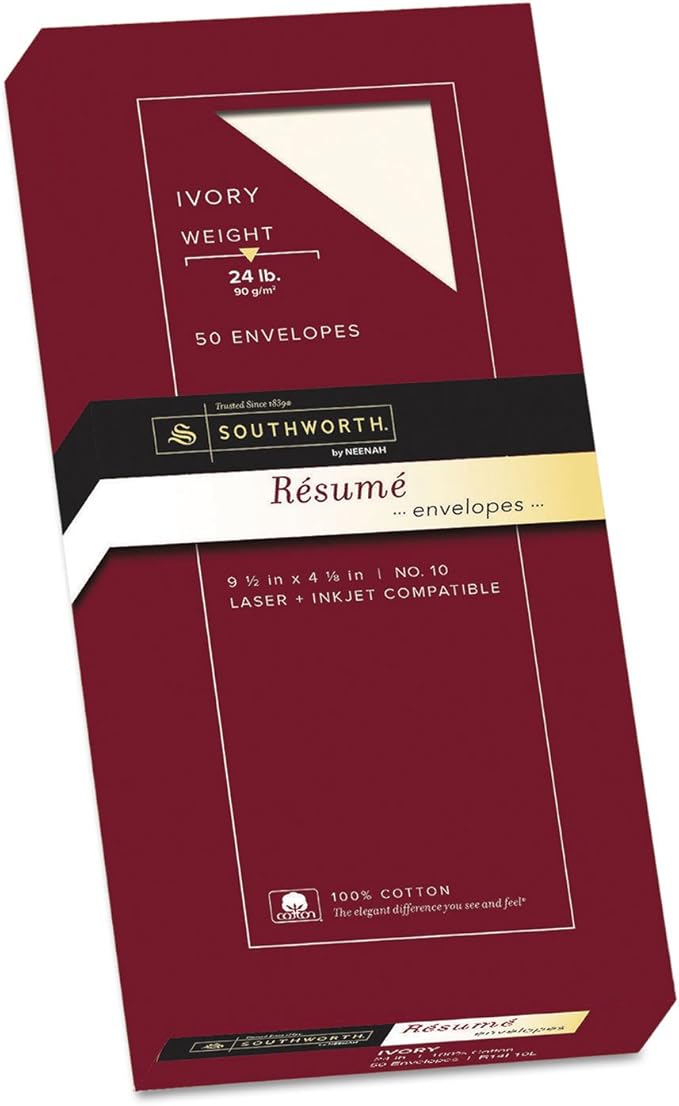 Southworth Company Products - Resume Envelopes, Laser/Inkjet, No 10, 24lb., 50/PK, Ivory - Sold as 1 BX - Exceptional Resume Envelopes are designed for use with Southworth Exceptional Resume Paper for a professional, organized and credible presentation...