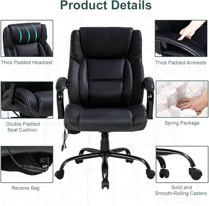 Big and Tall Office Chair 500lb Wide Seat Desk Chair with Lumbar Support Armrest Swivel Rolling High Back PU Leather Computer Chair Massage Adjustable Ergonomic Task Chair for Adults Women(Black)