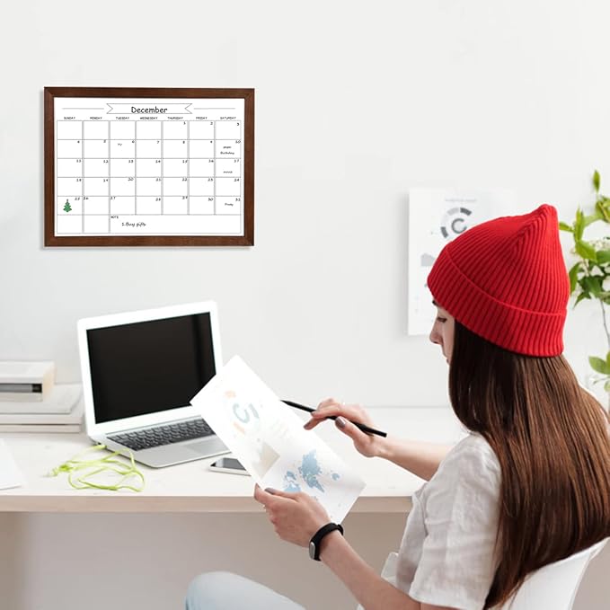 Dry Erase Monthly Calendar Whiteboard, Magnetic White Board for Wall,Brown | Small 10.6"x 14.6",Hanging Board for Office, Home School, Solid Pine Wood Black Framed Message Board