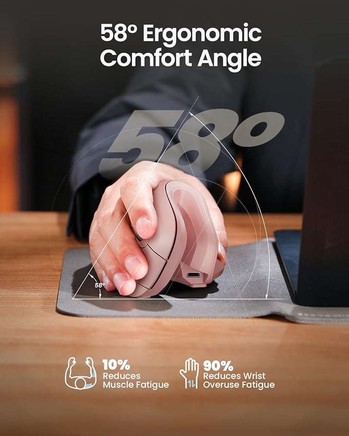 ProtoArc EM11 NL Wireless Ergonomic Vertical Mouse, Rechargeable, Pink | Connects to 3 devices via Bluetooth/2.4G USB-A, with 500mAh USB-C charging, 1000/1600/2400 DPI, quiet clicks