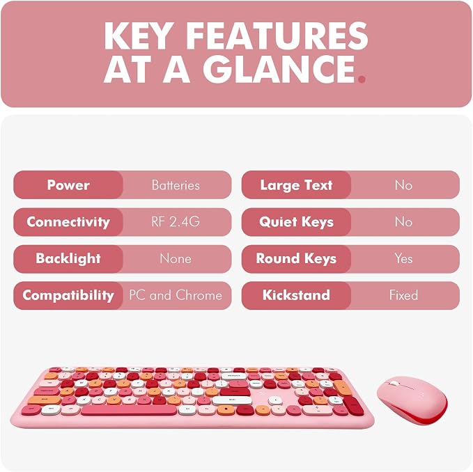 X9 Pink Keyboard and Mouse Wireless Combo - Retro Typewriter Keyboard and Mouse with Aesthetic Bubble Keys - Colorful Keyboard and Mouse Wireless for PC, Laptop, Windows, Chrome