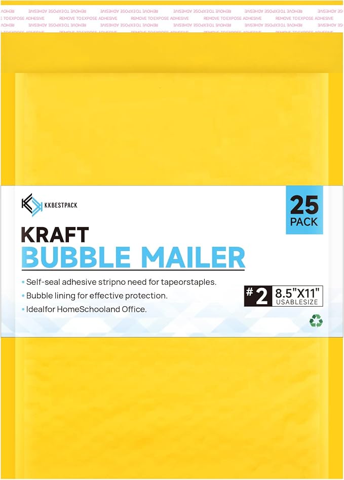 Kraft Paper Bubble Mailers #2, 8.5x12 Inch Self-Seal Padded Mailing Envelopes, Usable Size 8.5x11, Pack of 25