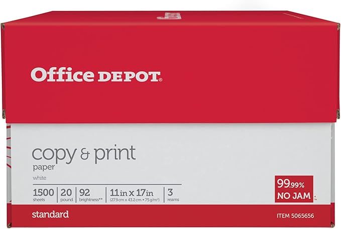 Office Depot® Copy And Print Paper, Ledger Size (11" x 17"), 92 Brightness, 20 Lb, Ream of 500 Sheets, Case of 3 Reams