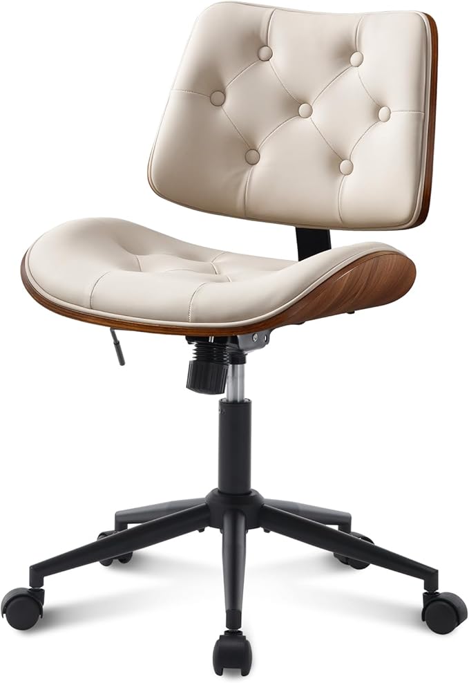 Armless Home Office Chair in Button Style, PU Leather Small, Beige | PU Leather Adjustable Height Computer Desk Chair, 360 Swivel Small No Arms Office Seat, Walnut Design Stool, 300LBS Cap