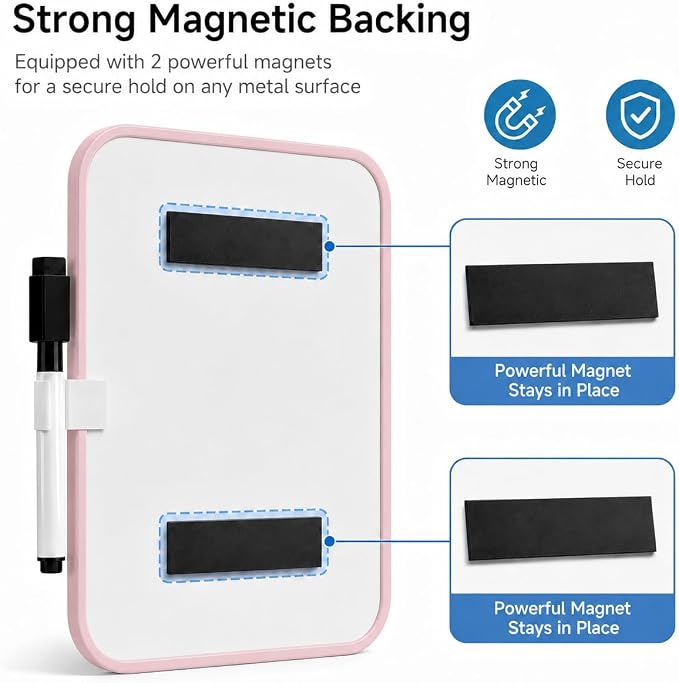 2 Pack Magnetic Dry Erase Board 6" x 8", Mini Whiteboard with Marker, Magnets & Pen Holder, Small Magnetic Whiteboard for Fridge, Locker, Office Desk, Kitchen, School & Home Organization(Pink)