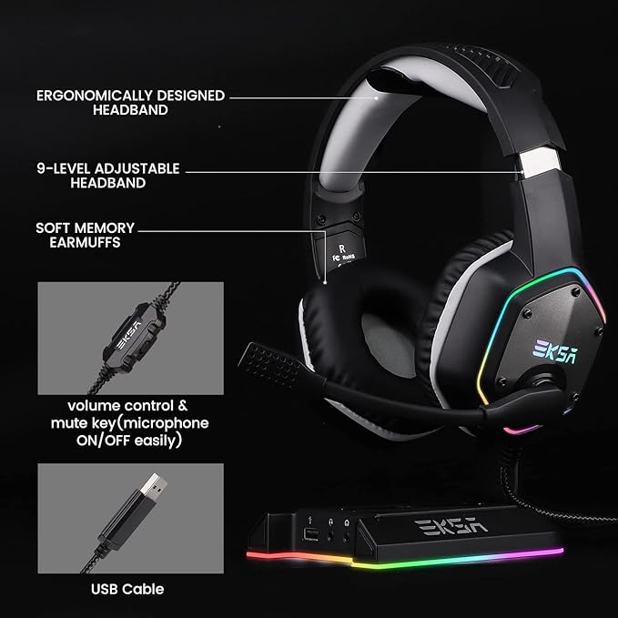 EKSA E1000 USB PC Gaming Headset with Mic, 7.1 Surround Sound | Computer Headphones with Microphone Noise Cancelling, RGB Light, Wired Headphones for PS4, PS5 Console, Laptop, Call Center