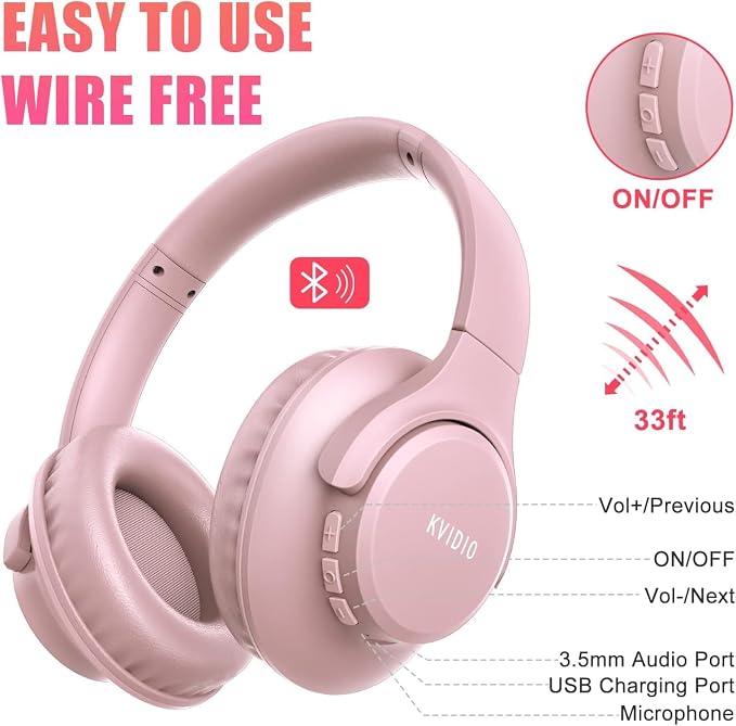 KVIDIO Bluetooth Headphones Wireless Over Ear Headsets 65H Playtime | Deep Bass, HiFi Stereo, Bluetooth 6.0, Microphone, Comfortable Fit, Foldable, Lightweight, Low Latency for Travel Home Office