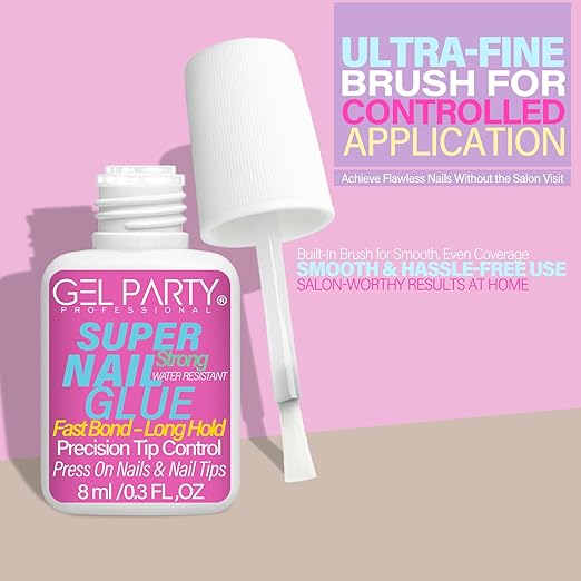 GELPARTY Super Strong Brush On Nail Glue for Press On Nails & Tips - Quick Dry Clear Acrylic Nail Adhesive (8ml) - Long Lasting Salon Bond for Fake Nails & Broken Nail Repair - Mess-Free Application