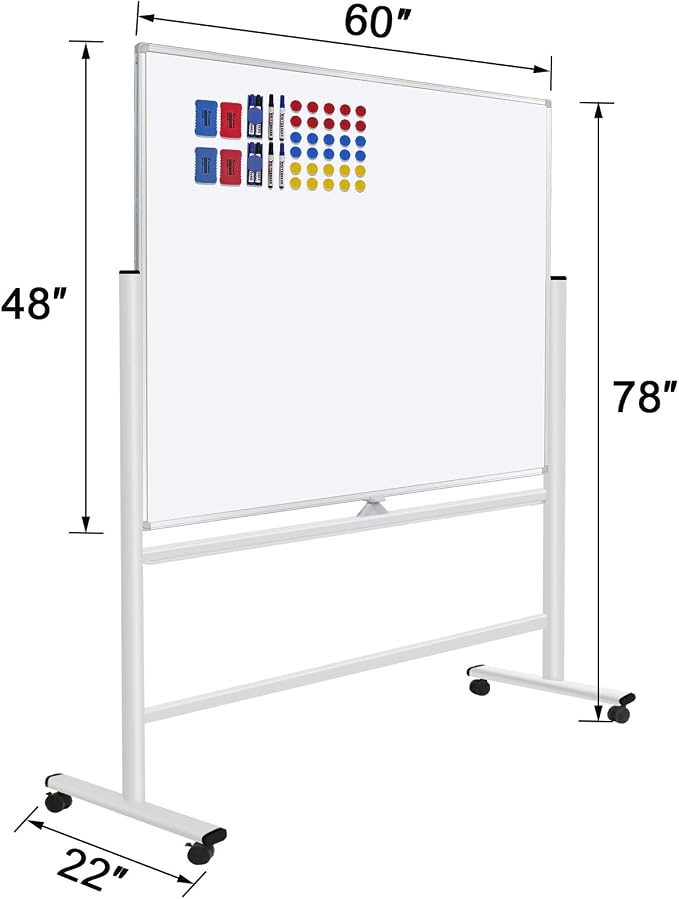 60"x48" Mobile Whiteboard Double-Sided Magnetic Dry Erase Board on Wheels - Comercial Rolling White Boards with Sturdy Stand for Home, Office & School