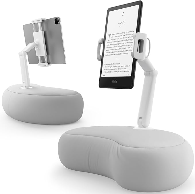 SAIJI Kindle Pillow Stand, iPad Stand Compatible with 4.7”-15.6” Kindle, Phone, iPad, 360° Adjustable Lap Beanbag Tablet Holder for Bed with Flexible Dual Axis Arm and Microbead Cushion (Gray)