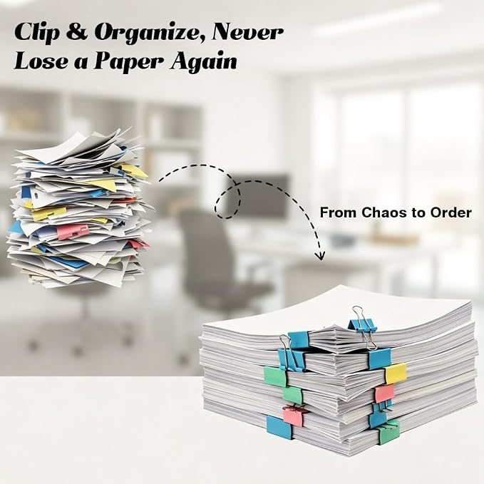 100 Pcs Colorful Binder Clips,Assorted Sizes Metal Paper Clips,Backt to School Teacher Supplies,Strong-Binder Clamps for Office Home School Business Document Organizing