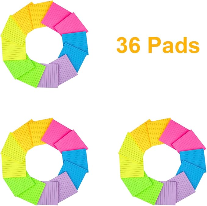 (36 Pads) Lined Sticky Notes 4x4 in, 6 Bright Colors Self-Stick Note Pads | Strong Adhesive, 47 Sheets/Pad