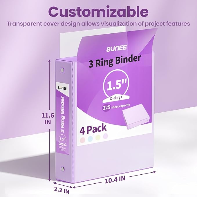 SUNEE 1.5 Inch Binders 3 Ring 4 Pack, Clear View 1 1/2 Inch Binders Three Ring PVC-Free (Fit 8.5x11 Inches) for School or Office Supplies, Purple