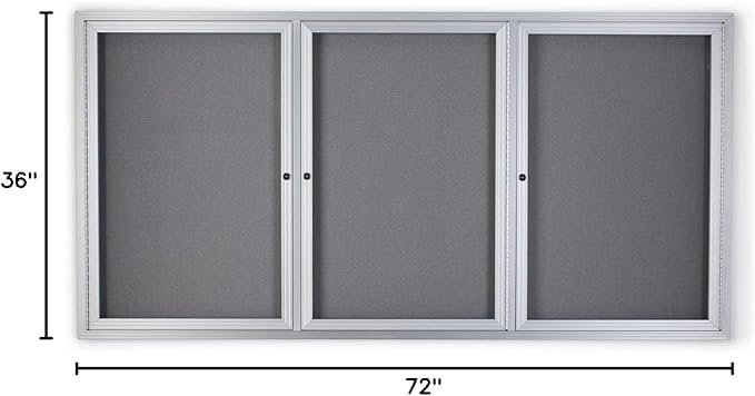 72 x 36 Inch Fabric Tack Board, 3 Locking Swing-Open Doors, 6 x 3 Foot Enclosed Bulletin Board for Wall Mount, Hardware Included - Silver Aluminum Frame with Light Gray Fabric